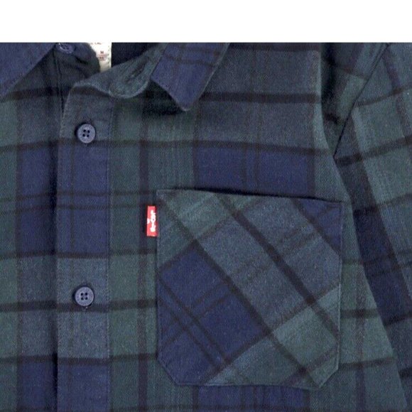 LEVI'S Boys Large 12/13 Years Navy Blue Green LS Cotton Blend Flannel Shirt NWT - Picture 2 of 3